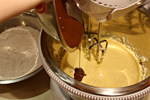 st-martins-cake-adding-melt-chocolate-to-batter