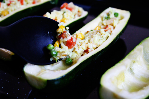 Stuffed Zucchini with Vegetable Rice and Cheese recipe with step-by-step images