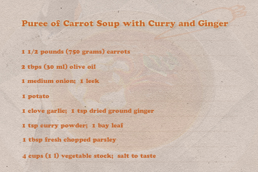 puree of carrot soup with curry and ginger recipe with pictures, cream of carrot soup recipe with pictures
