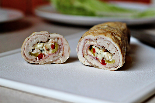 chicken roll stuffed with ham, cheese, and peppers, recipe with step by step pictures
