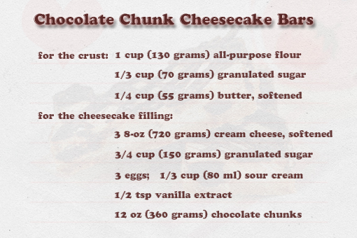 chocolate chunk cheesecake bars recipe with step by step pictures