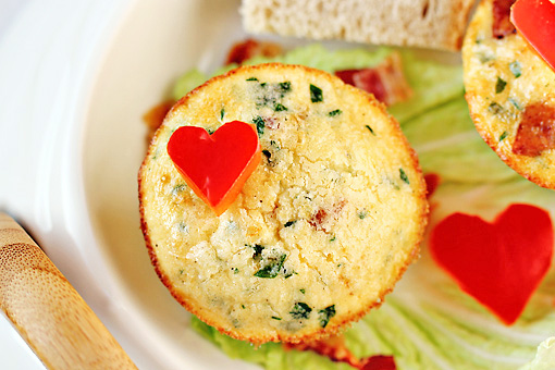 scrambled egg muffins step by step recipe with pictures, garnish with red bell pepper hearts