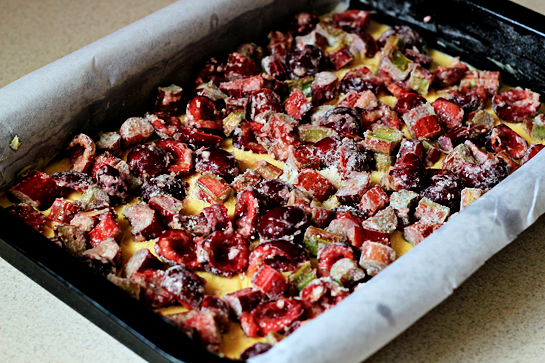 rhubarb and cherry crumb bars step by step picture recipe, sprinkle with the rhubarb-cherry filling