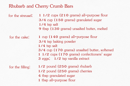 rhubarb and cherry crumb bars step by step picture recipe, ingredients