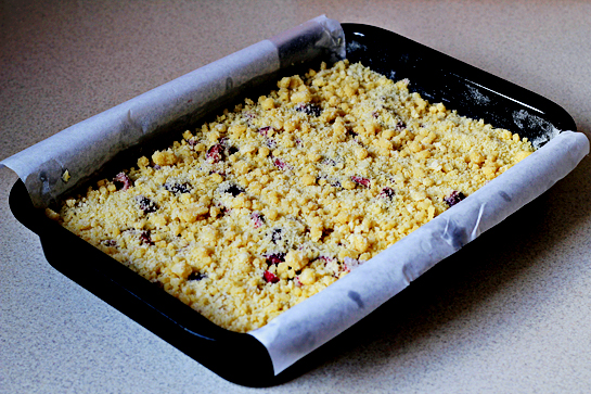 rhubarb and cherry crumb bars step by step picture recipe, bake the cake at 350 F - 175 C until golden and a toothpick inserted in the center comes out clean with moist crumbs attached, 35 to 40 minutes, let cool completely in the pan