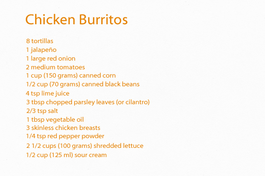 chicken burritos recipe with step by step picture instructions, ingredients