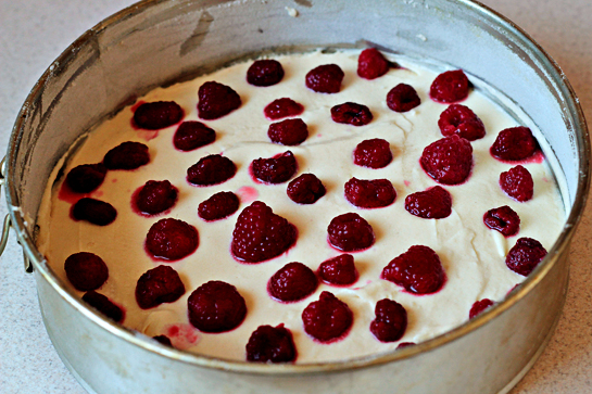 raspberry buttermilk cake recipe with step by step pictures, spoon the batter into the cake pan, smoothing the top, scatter the raspberries evenly over the top and sprinkle with remaining 2 tablespoons (24 grams) sugar
