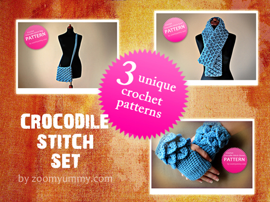 crochet crocodile stitch bag scarf fingerless gloves pdf patters by zoomyummy.com