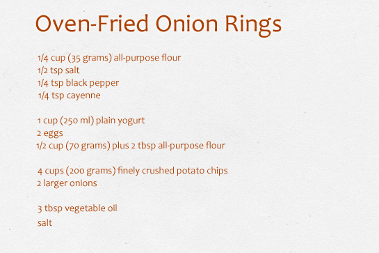 oven-fried onion rings with potato chips coating, recipe with step by step pictures, ingredients