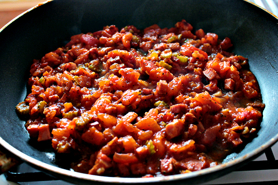 Pasta With Bacon And Tomato Sauce step by step recipe with pictures, bacon, celery and chopped tomato in a large frying pan or skilled