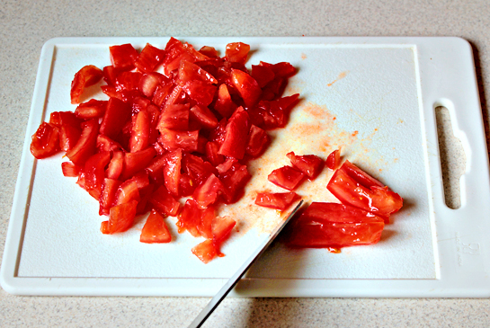 Pasta With Bacon And Tomato Sauce step by step recipe with pictures, cutting tomato petals in smaller pieces