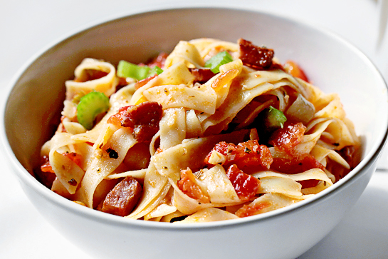Pasta With Bacon And Tomato Sauce step by step recipe with pictures, pasta in bowl