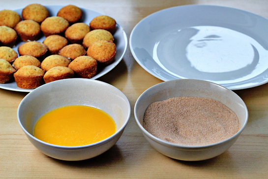 donut mini muffins step by step recipe with pictures bowls with melted butter and cinnamon sugar coating