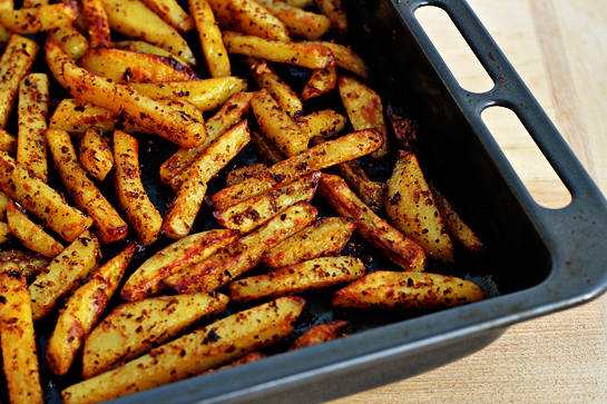 man approved spicy oven baked french fries bake in the preheated oven (430 F - 220 C) for about 40 minutes