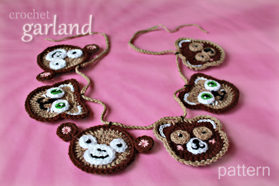 crochet toy animal faces - cat, teddy bear, monkey - appliques, ornaments, garland