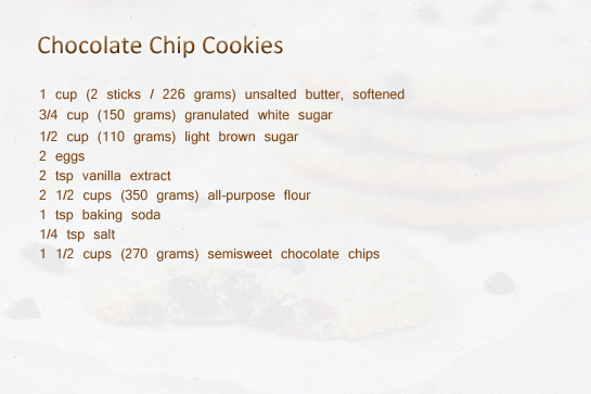 chocolate chip cookies recipe, ingredients