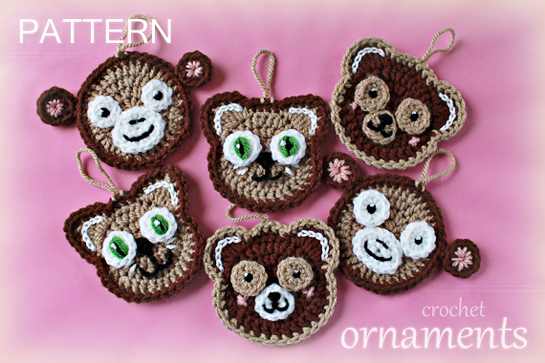 crochet animals faces - teddy bear, monkey, cat  - garland, appliques, tree ornaments