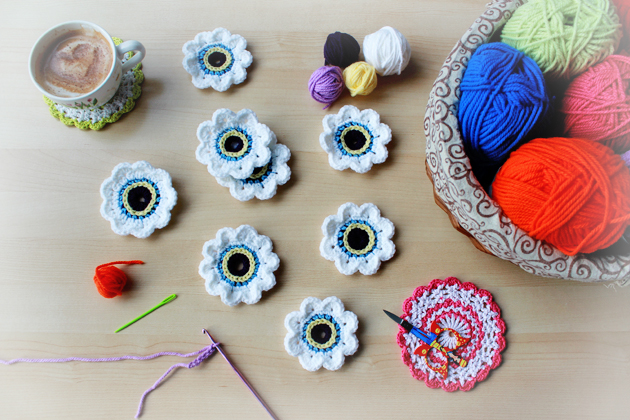 crocheted eyes for crochet owl cushion