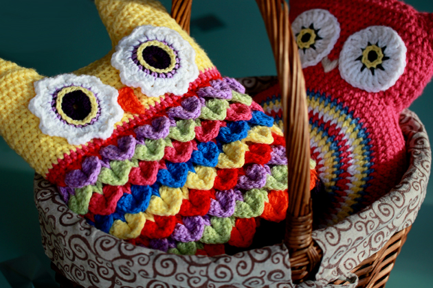 colorful crochet owl cushion