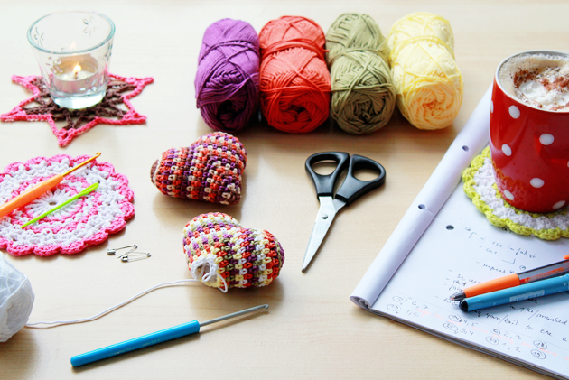 happy colorful crochet heart patter in progress