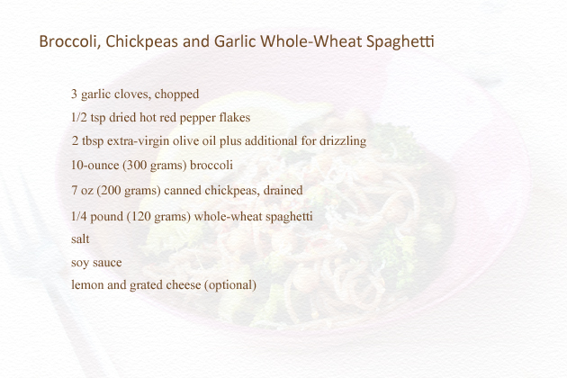 whole wheat broccoli, chickpeas and garlic spaghetti recipe ingredients
