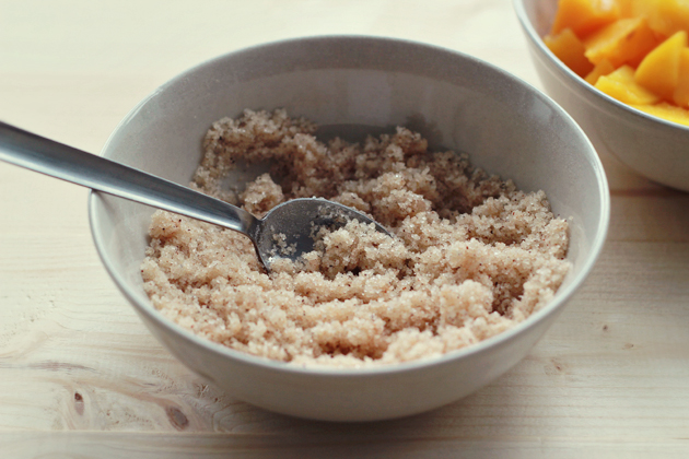 sugar, flower, cinnamon and oil streusel topping in a bowl for peach cobbler muffins