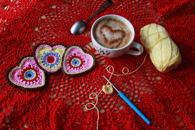 crochet hearts and coffee