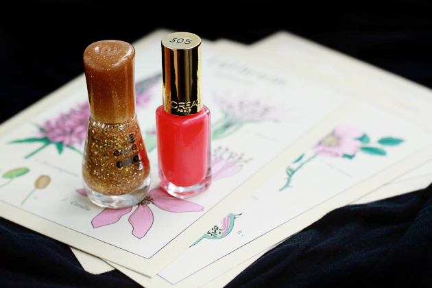 salmon pink and golden glitter nail polish