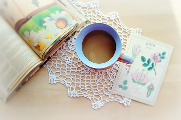 book about healing plants and blue handmade mug