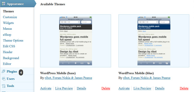 wordpress dashboard appearance available mobile themes