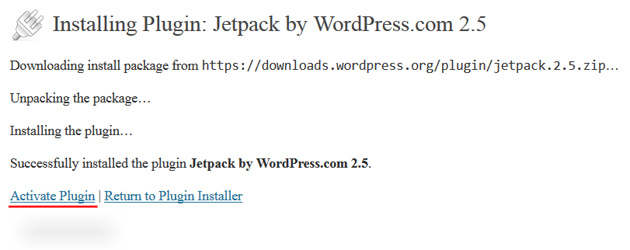wordpress dashboard activate plugin jetpack