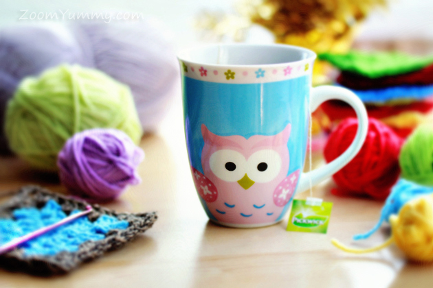crochet and colorful owl mug 